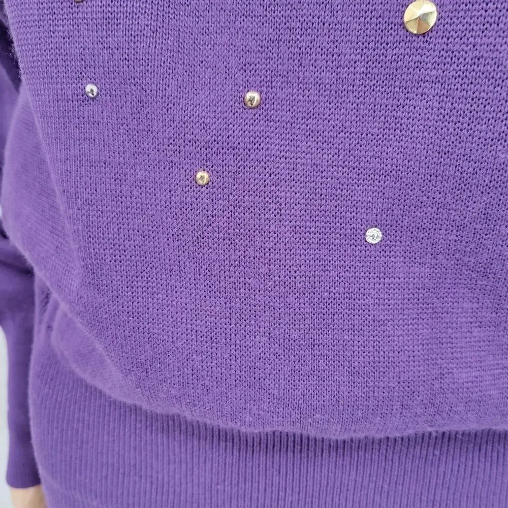 Kaelin 80s Purple Embellished Turtleneck Sweater Cinched Waist Vintage Women's - Picture 8 of 13